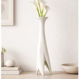 Modern White Sculptural Ceramic Vase 18” Abstract Flower Form